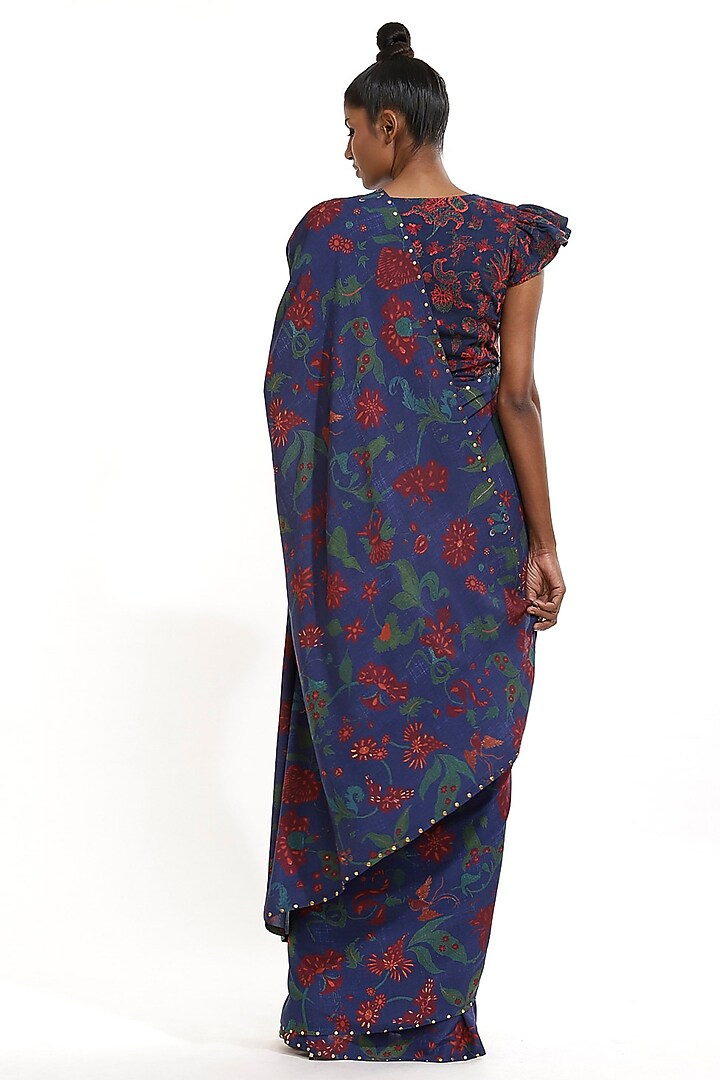 Marine Blue Printed Party Wear Saree by Abraham & Thakore at Pernia's Pop Up Shop