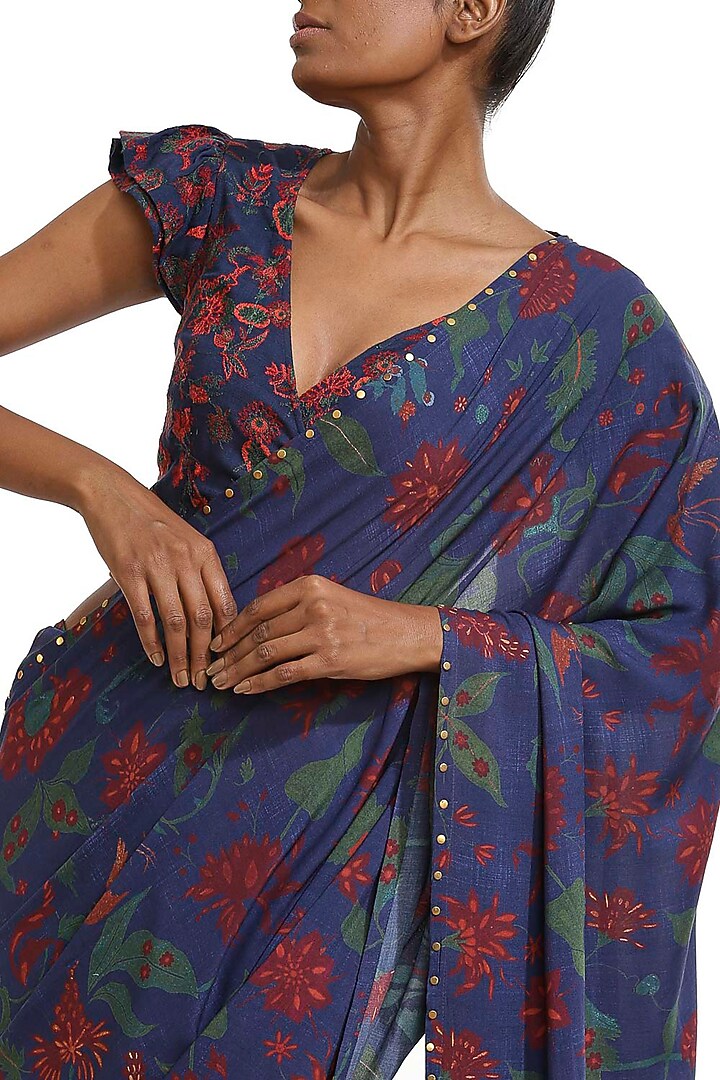 Marine Blue Printed Party Wear Saree by Abraham & Thakore at Pernia's Pop Up Shop