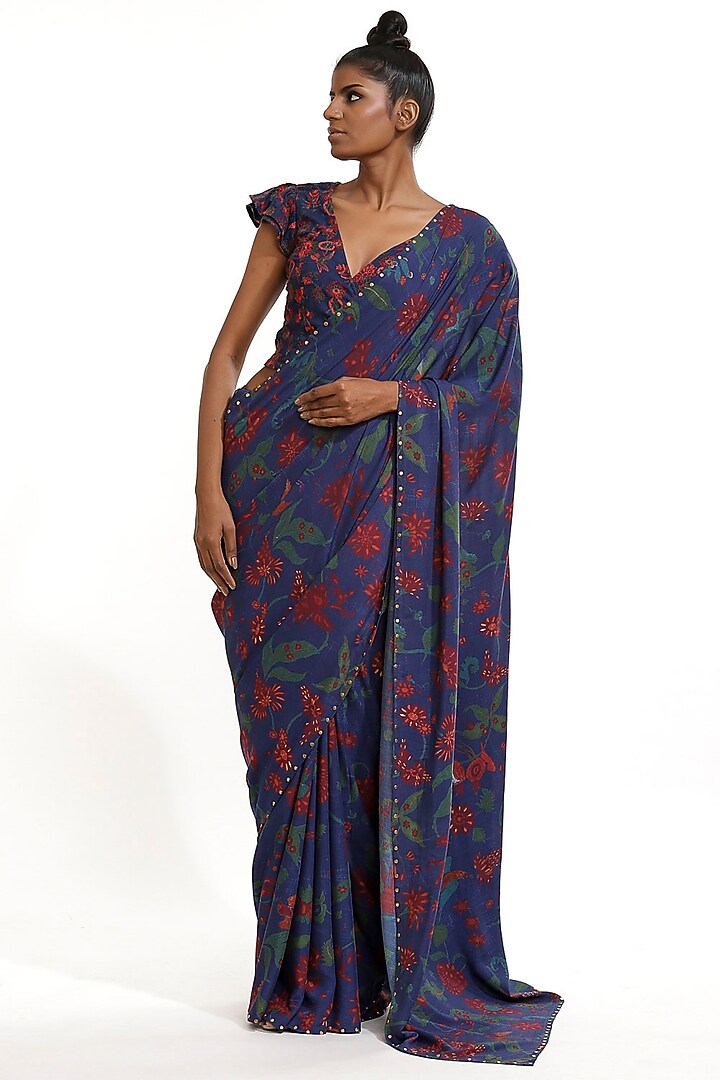 Marine Blue Printed Party Wear Saree by Abraham & Thakore at Pernia's Pop Up Shop