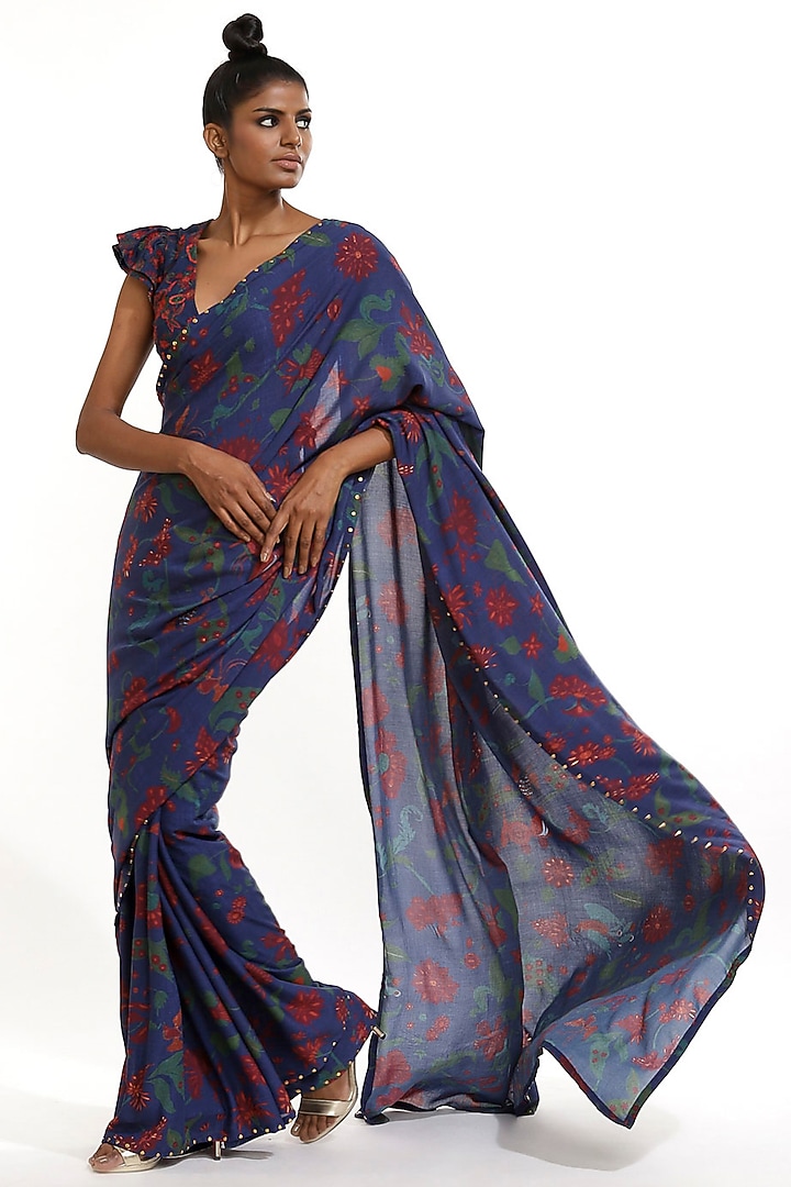 Marine Blue Printed Party Wear Saree by Abraham & Thakore at Pernia's Pop Up Shop