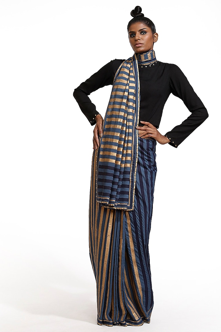 Marine Blue Hand Block Printed Saree by Abraham & Thakore