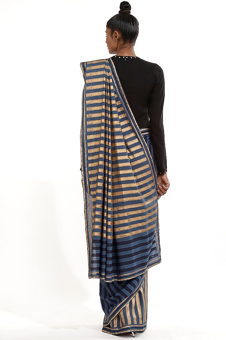 Marine Blue Hand Block Printed Party Wear Saree by Abraham & Thakore at Pernia's Pop Up Shop