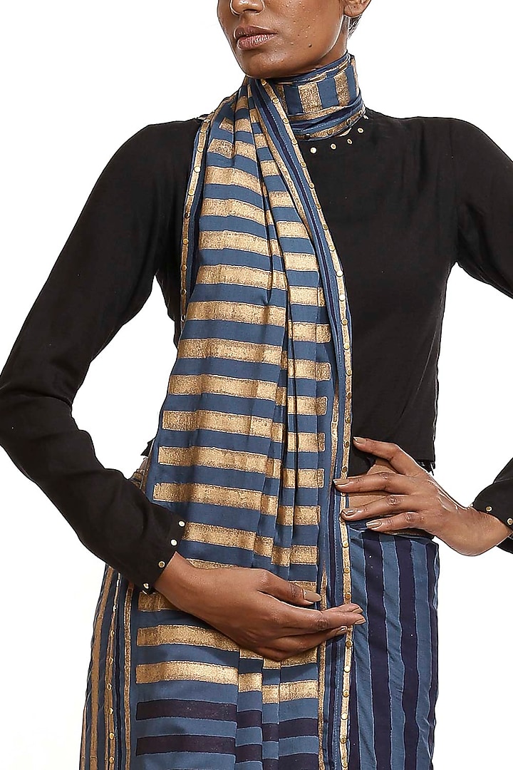 Marine Blue Hand Block Printed Party Wear Saree by Abraham & Thakore at Pernia's Pop Up Shop