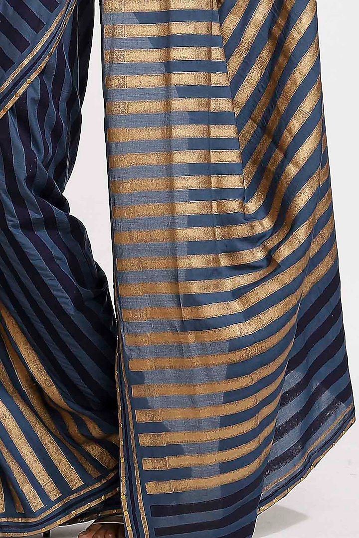 Marine Blue Hand Block Printed Party Wear Saree by Abraham & Thakore at Pernia's Pop Up Shop