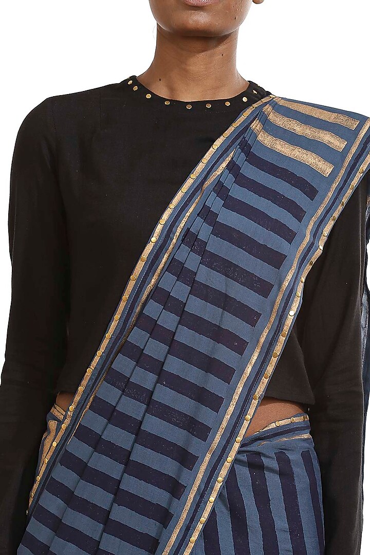 Marine Blue Hand Block Printed Party Wear Saree by Abraham & Thakore at Pernia's Pop Up Shop