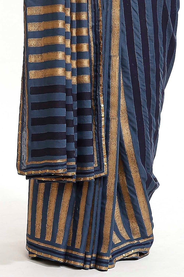Marine Blue Hand Block Printed Party Wear Saree by Abraham & Thakore at Pernia's Pop Up Shop