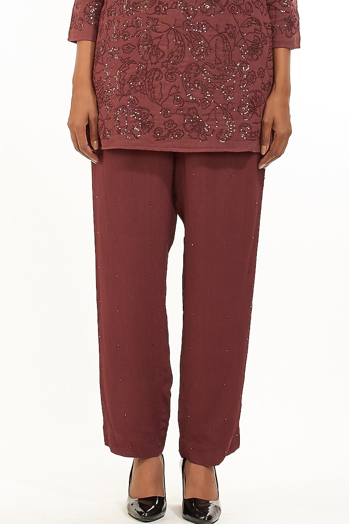 Wine Moss Crepe Pants by Abraham & Thakore at Pernia's Pop Up Shop