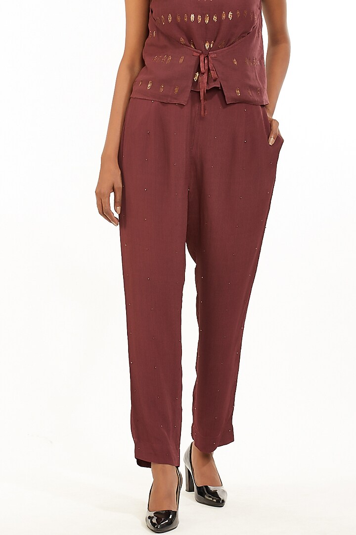 Wine Moss Crepe Pants by Abraham & Thakore at Pernia's Pop Up Shop