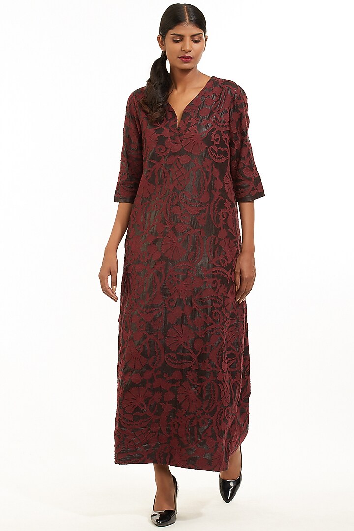 Red Kalamkari Maxi Vacation Dress by Abraham & Thakore at Pernia's Pop Up Shop