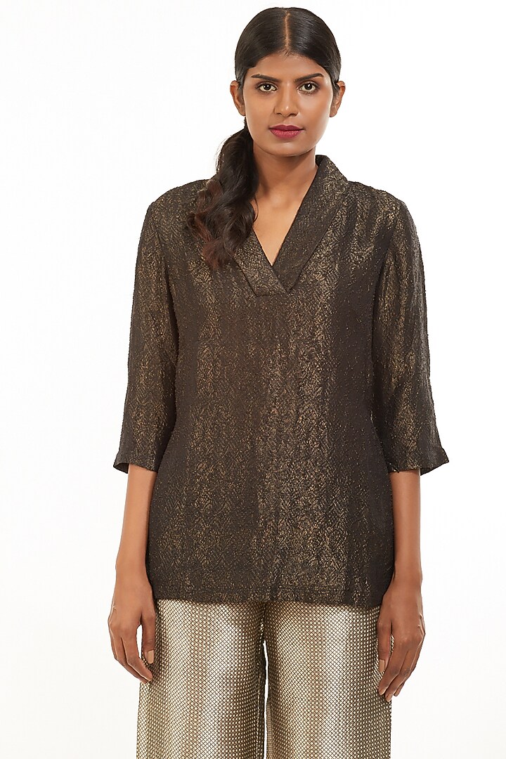 Black Textured Silk Top by Abraham & Thakore at Pernia's Pop Up Shop