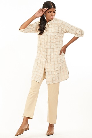 Beige Check Viscose Jacket by Abraham & Thakore