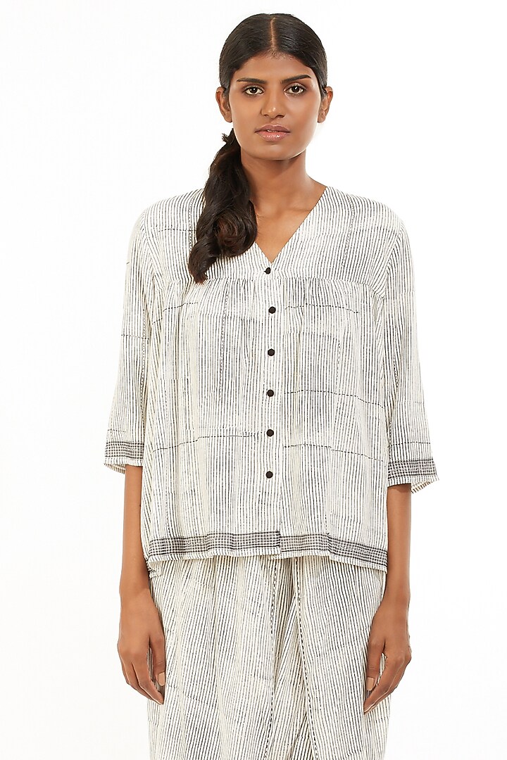 White Striped Printed Top by Abraham & Thakore at Pernia's Pop Up Shop
