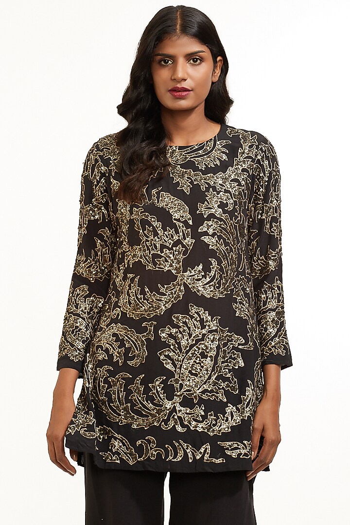 Black & Gold Sequins Embroidered Tunic by Abraham & Thakore at Pernia's Pop Up Shop