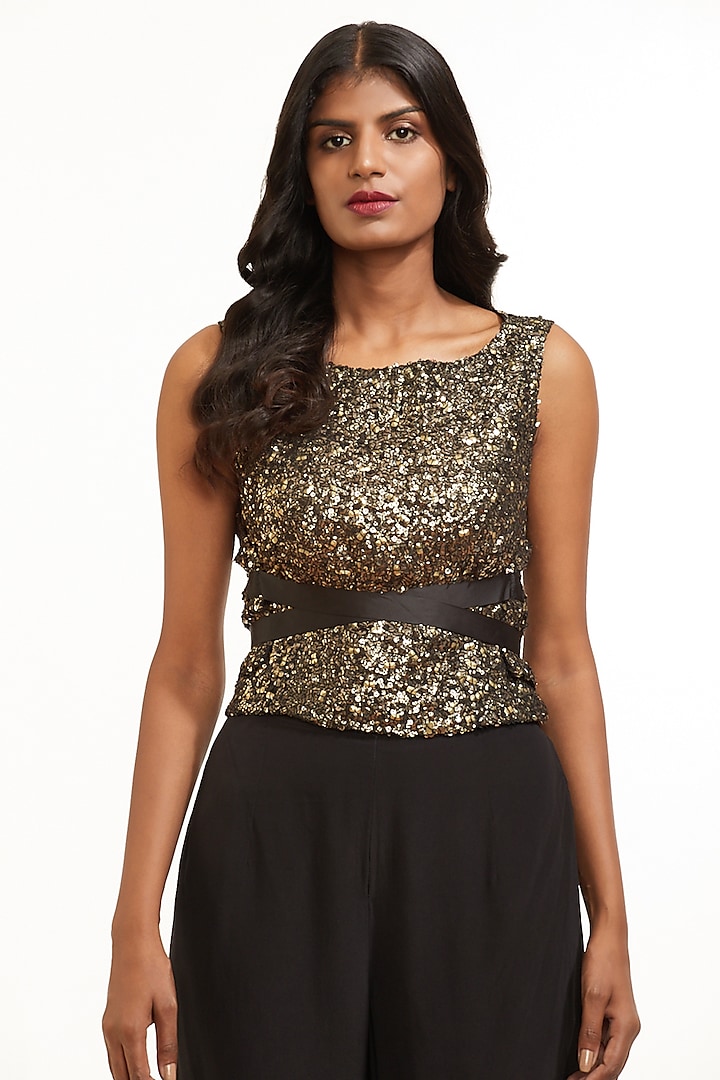 Black & Gold Embroidered Top by Abraham & Thakore
