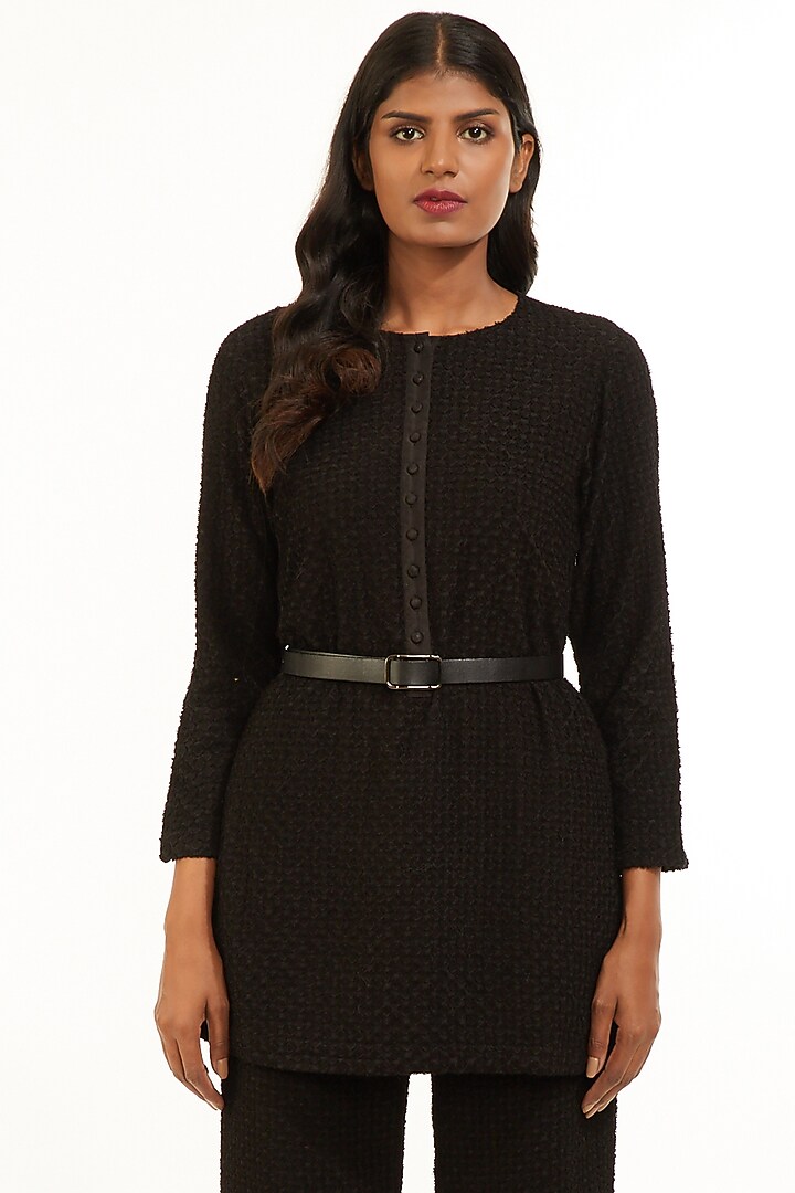 Black Appliques Embroidered Tunic by Abraham & Thakore at Pernia's Pop Up Shop