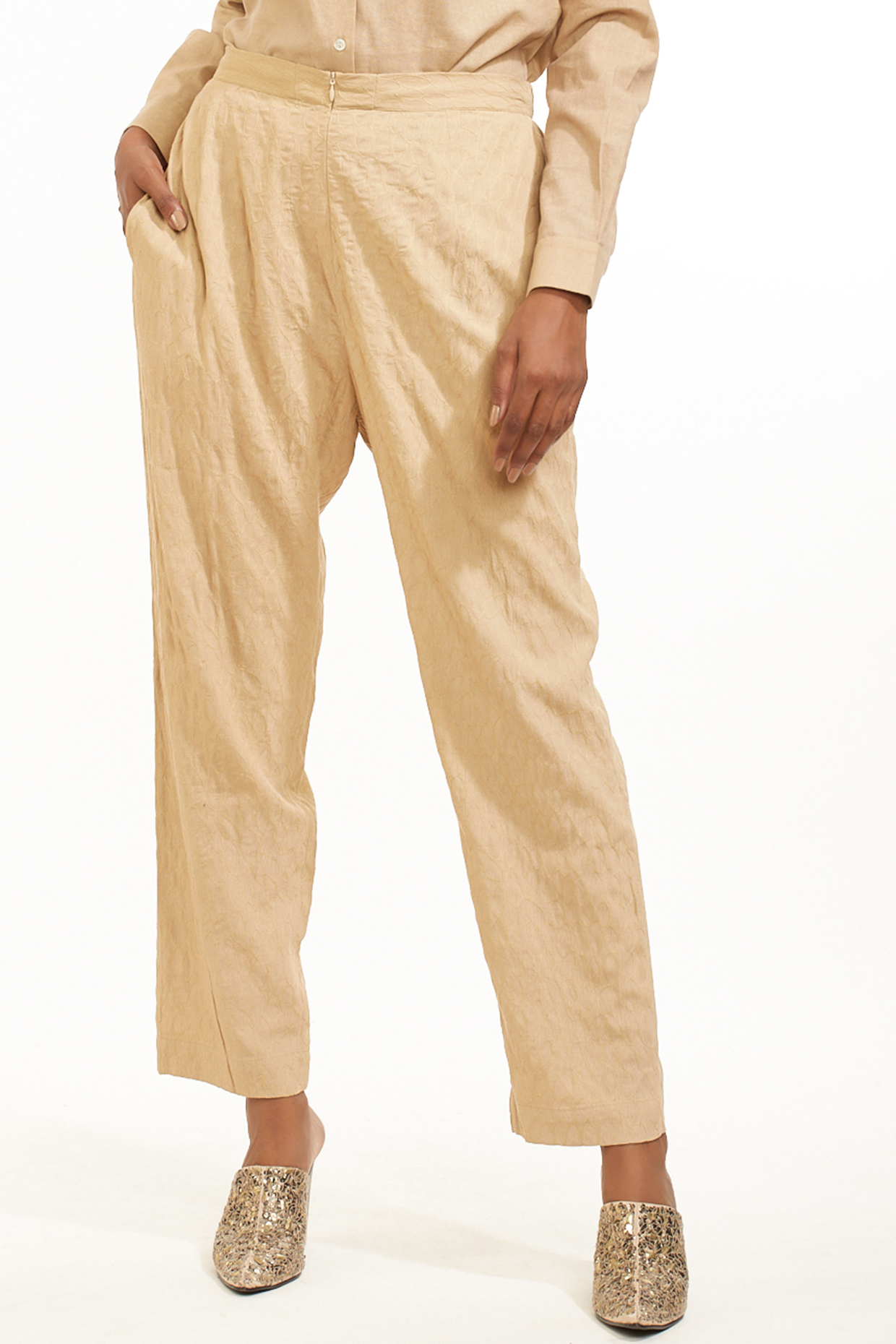 Beige Jaal Embroidered Pants by Abraham & Thakore at Pernia's Pop Up Shop