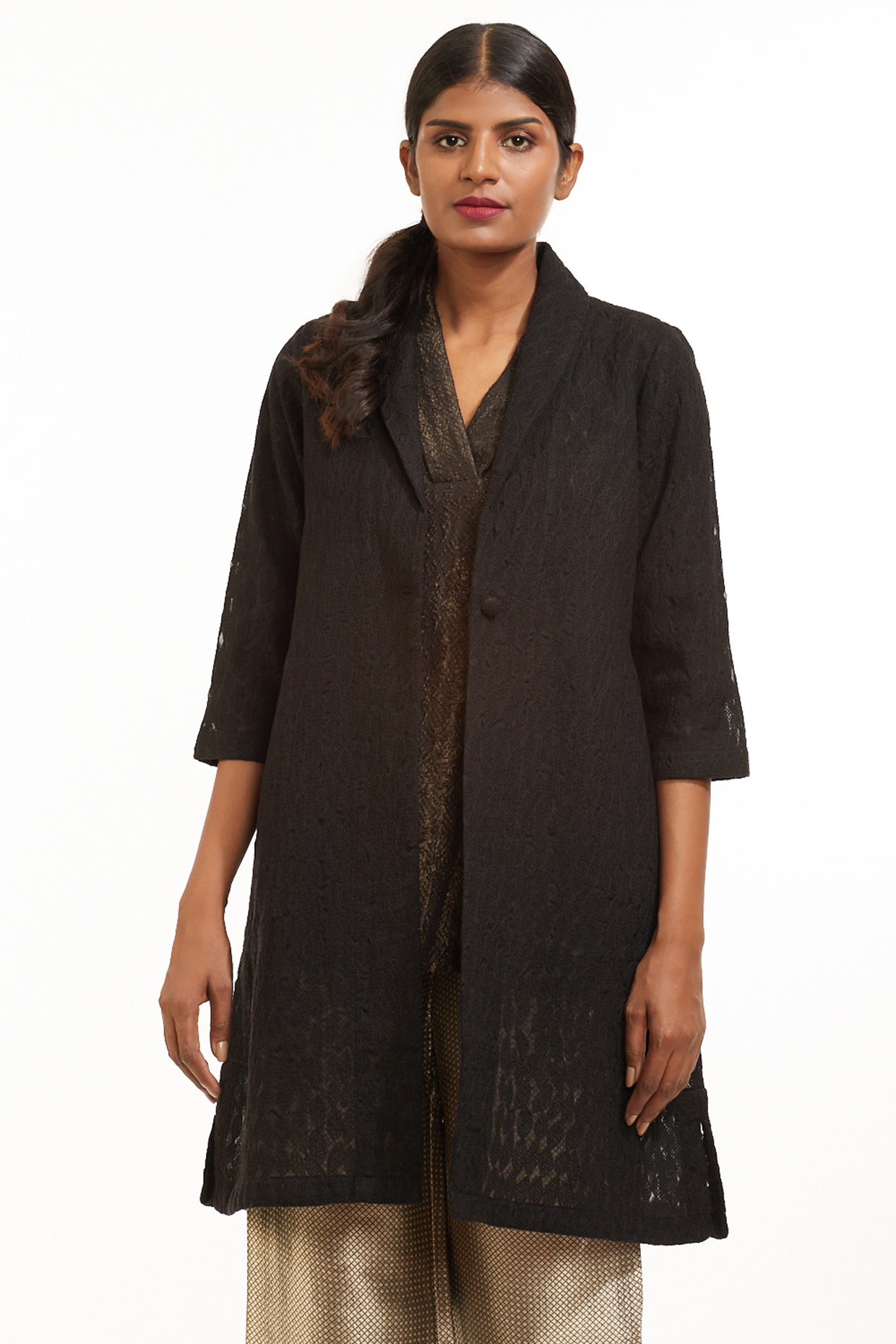 Black Jaal Embroidered Kimono Jacket by Abraham & Thakore at Pernia's Pop Up Shop