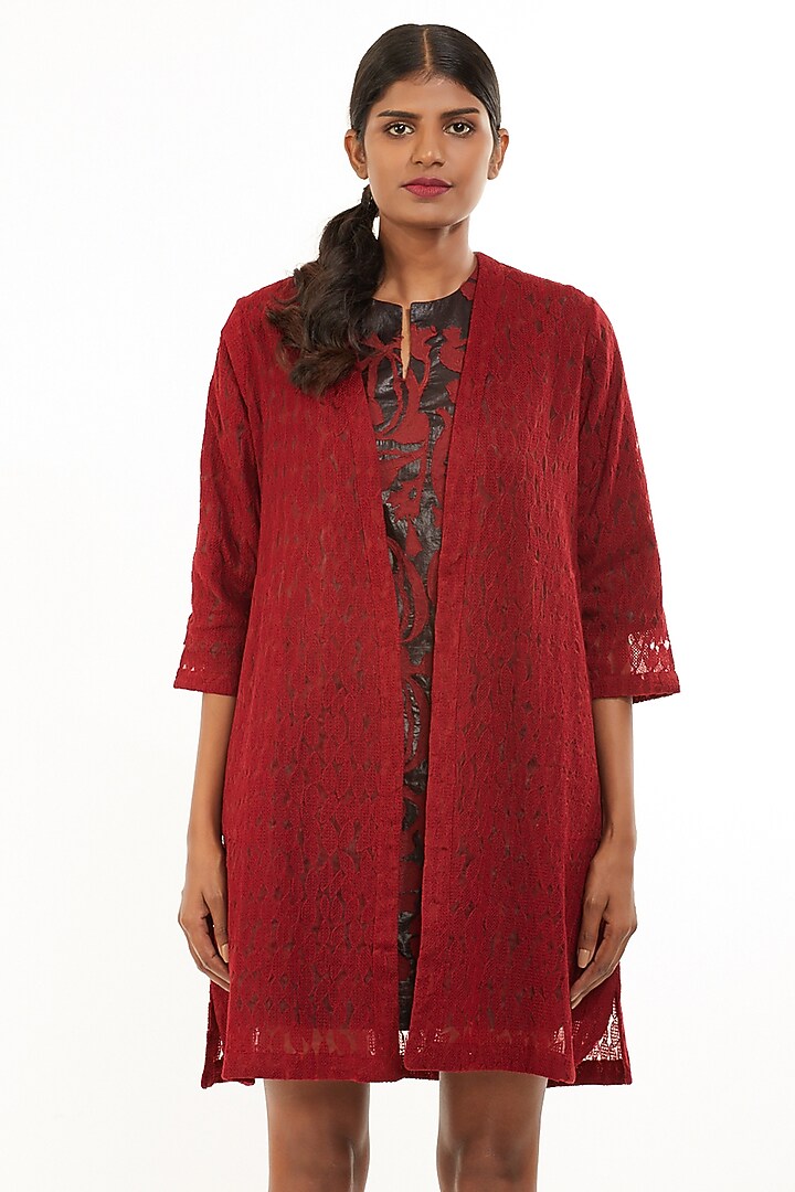 Red Jaal Embroidered Kimono Jacket by Abraham & Thakore at Pernia's Pop Up Shop