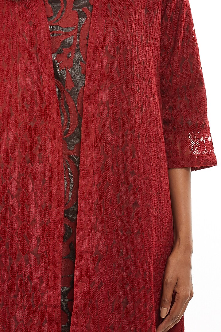 Red Jaal Embroidered Kimono Jacket by Abraham & Thakore at Pernia's Pop Up Shop