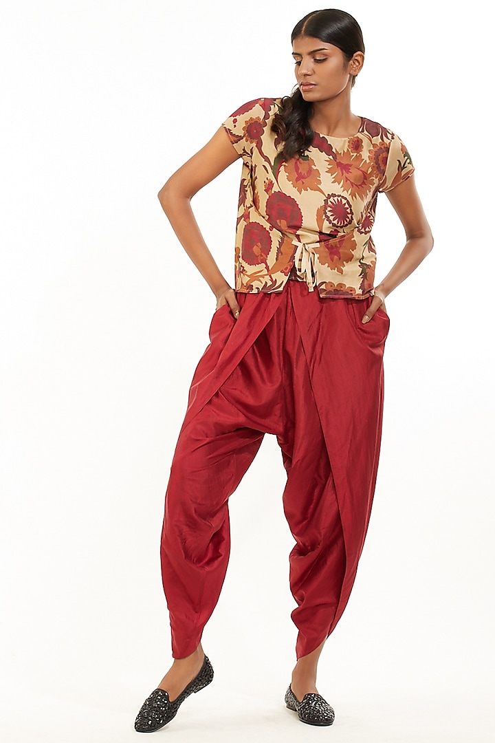 Beige & Wine Printed Wrap Top by Abraham & Thakore at Pernia's Pop Up Shop