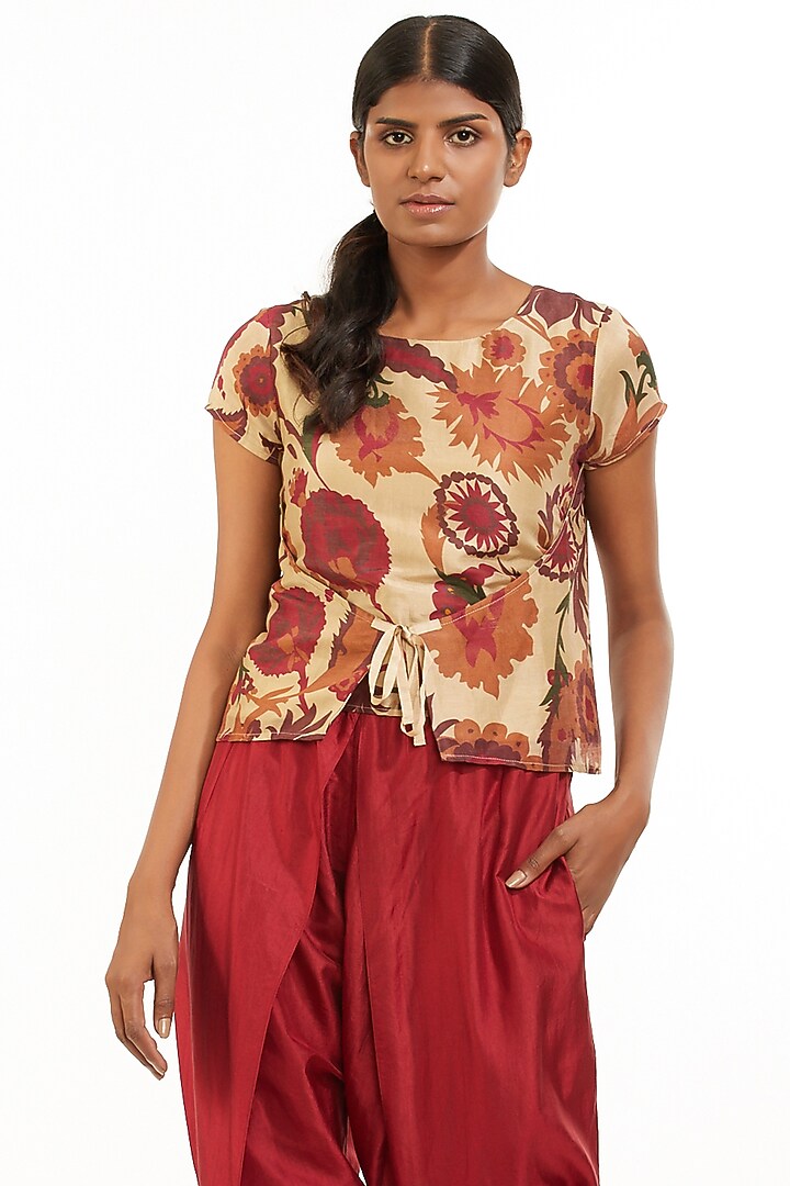Beige & Wine Printed Wrap Top by Abraham & Thakore at Pernia's Pop Up Shop