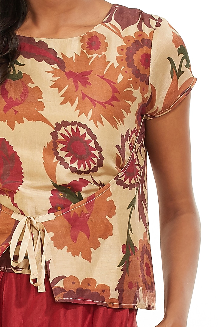 Beige & Wine Printed Wrap Top by Abraham & Thakore at Pernia's Pop Up Shop