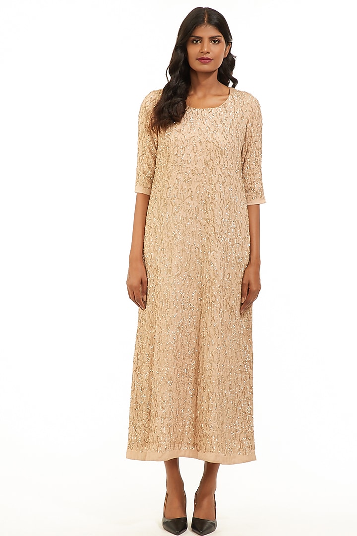 Beige & Gold Embroidered Kurta by Abraham & Thakore at Pernia's Pop Up Shop