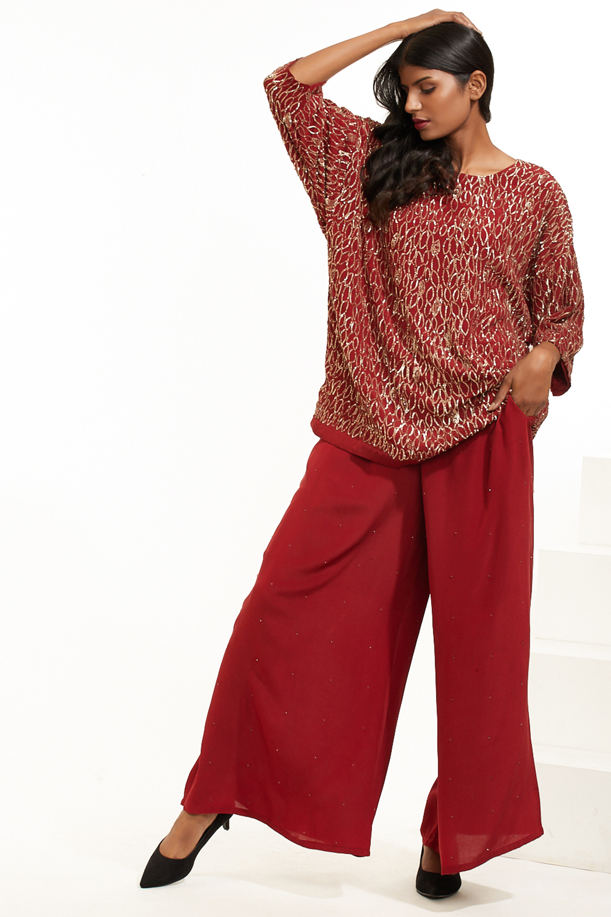 Red Sequins Hand Embroidered Tunic by Abraham & Thakore at Pernia's Pop Up Shop