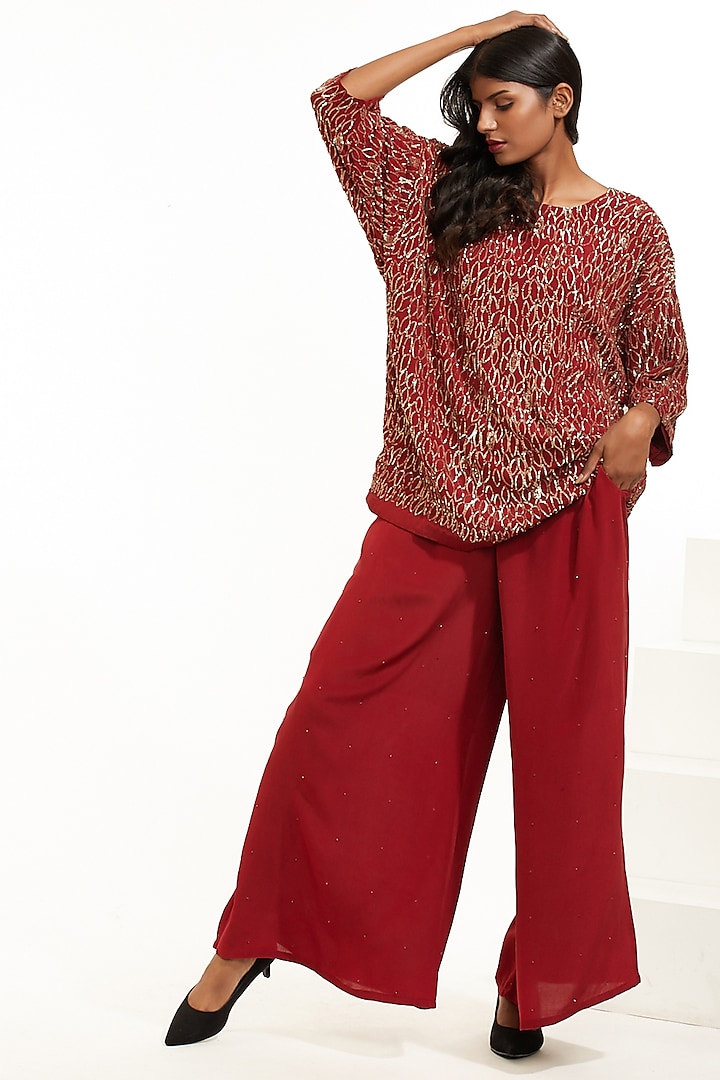Red Sequins Hand Embroidered Tunic by Abraham & Thakore at Pernia's Pop Up Shop
