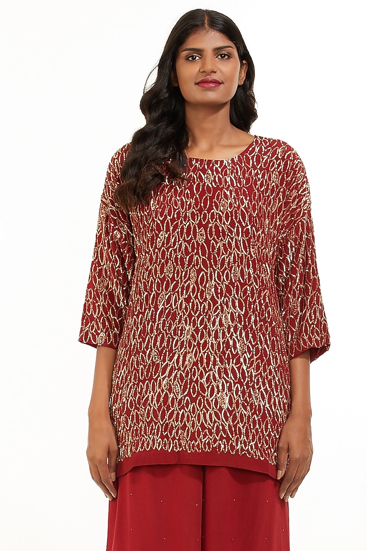 Red Sequins Hand Embroidered Tunic by Abraham & Thakore at Pernia's Pop Up Shop