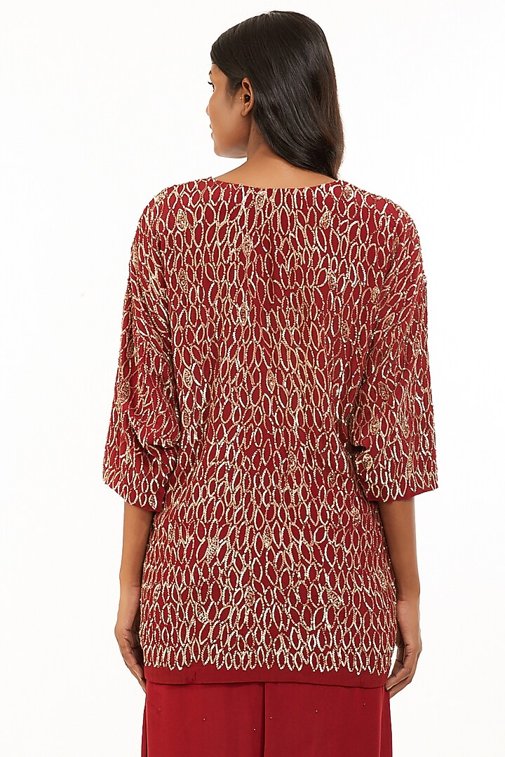 Red Sequins Hand Embroidered Tunic by Abraham & Thakore at Pernia's Pop Up Shop