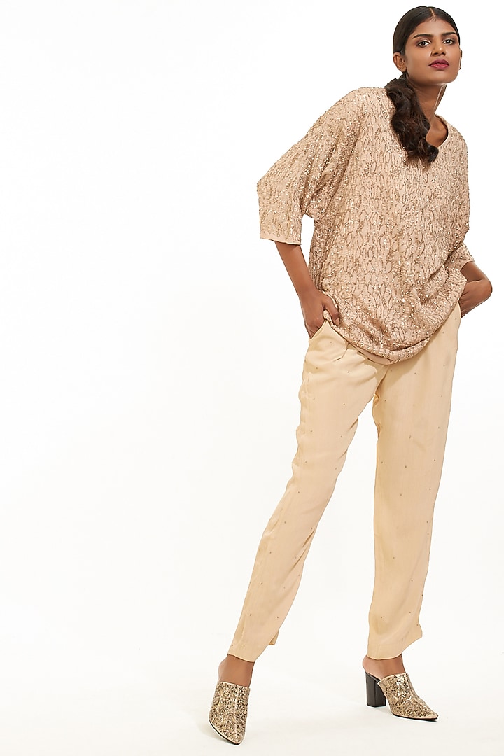 Beige & Gold Hand Embroidered Tunic by Abraham & Thakore at Pernia's Pop Up Shop
