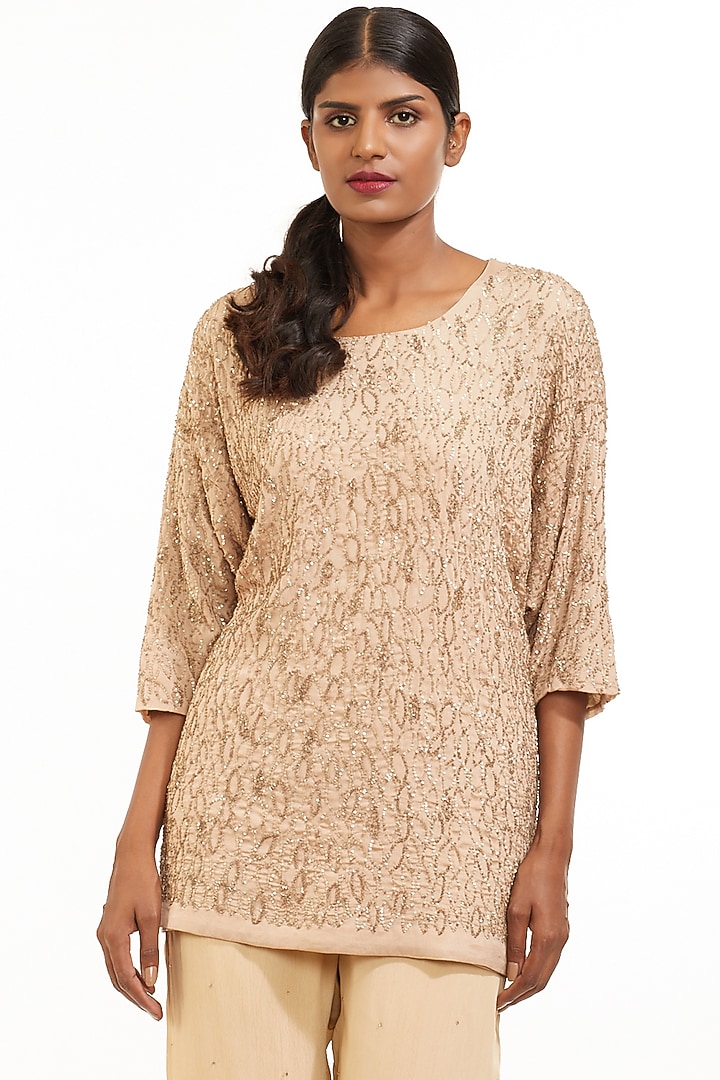 Beige & Gold Hand Embroidered Tunic by Abraham & Thakore at Pernia's Pop Up Shop