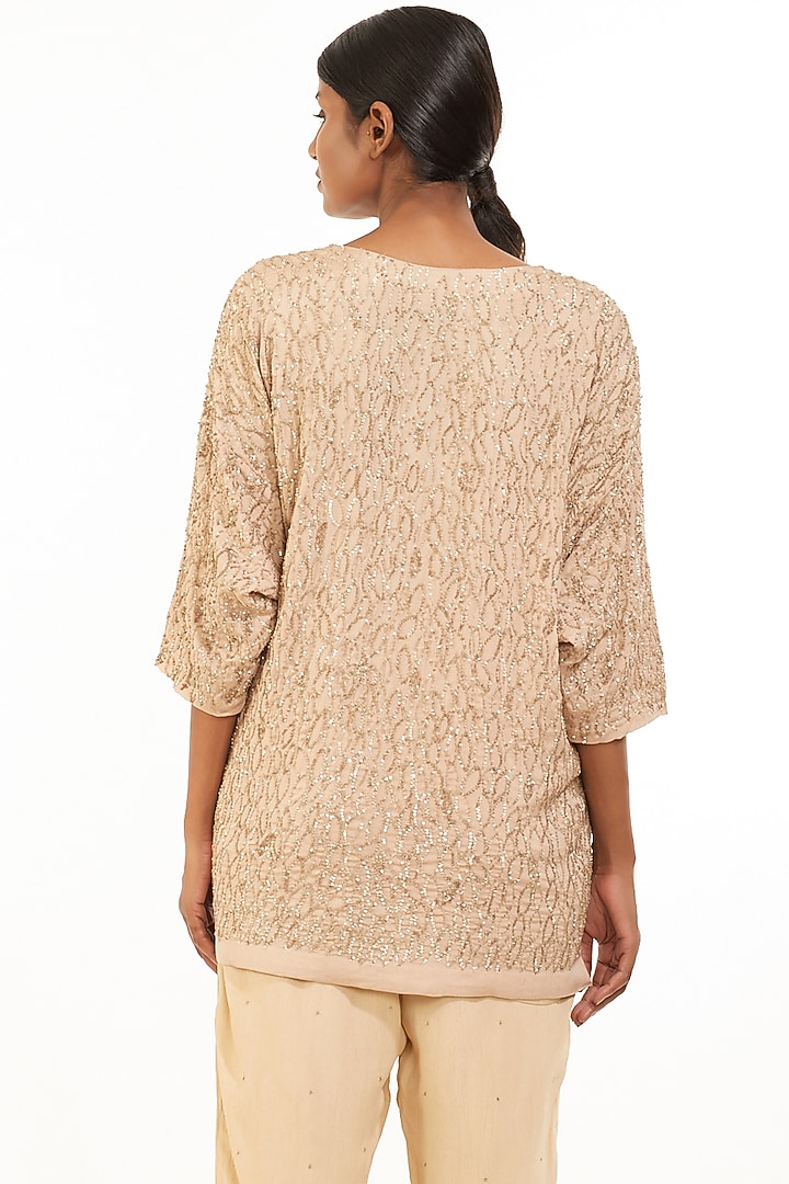 Beige & Gold Hand Embroidered Tunic by Abraham & Thakore at Pernia's Pop Up Shop