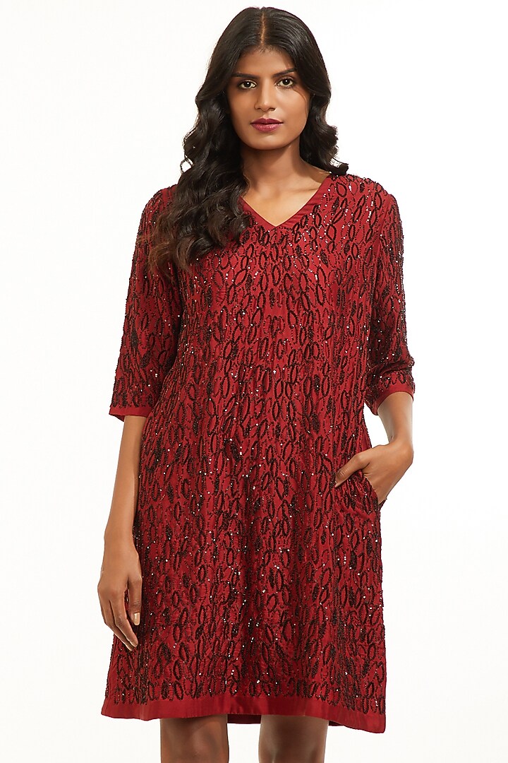 Wine & Gold Embroidered Tunic by Abraham & Thakore at Pernia's Pop Up Shop