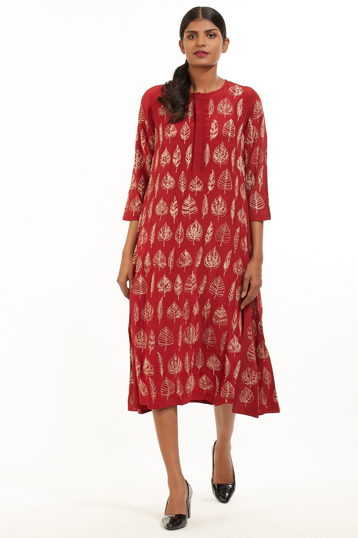 Red Hand Embroidered Kurta by Abraham & Thakore at Pernia's Pop Up Shop