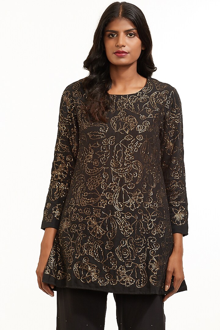 Black & Gold Hand Embroidered Tunic by Abraham & Thakore at Pernia's Pop Up Shop