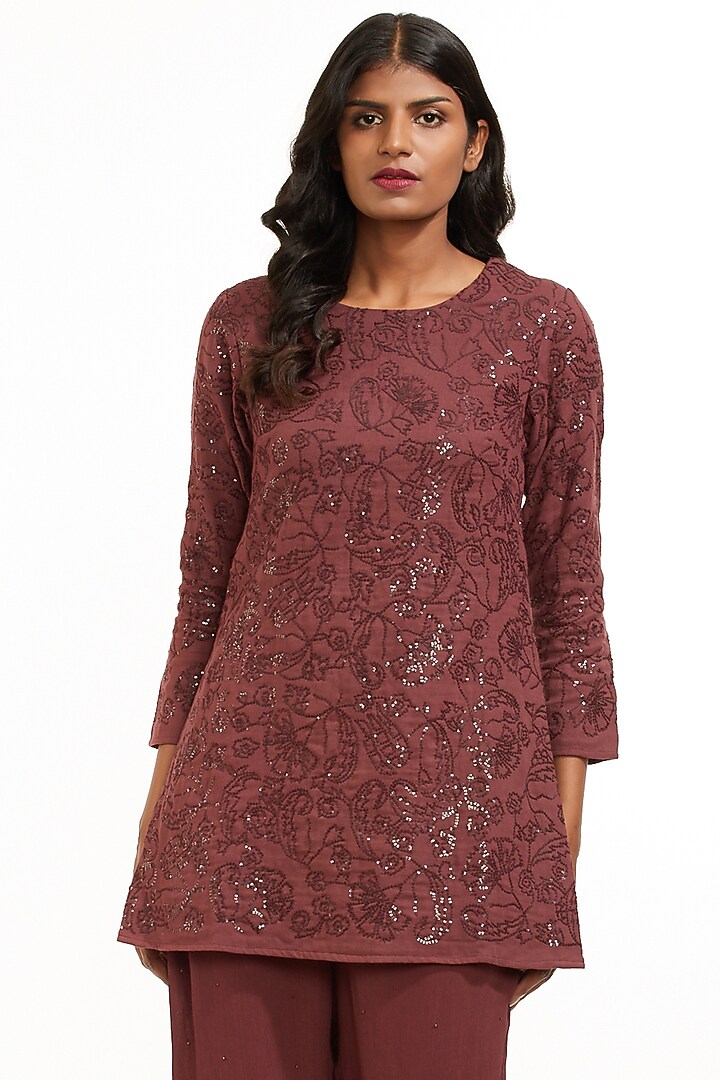 Wine & Gold Hand Embroidered Tunic by Abraham & Thakore at Pernia's Pop Up Shop