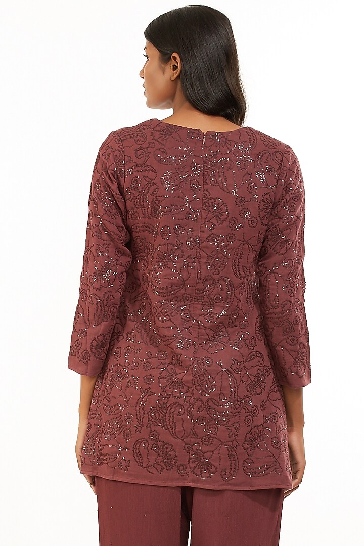 Wine & Gold Hand Embroidered Tunic by Abraham & Thakore at Pernia's Pop Up Shop