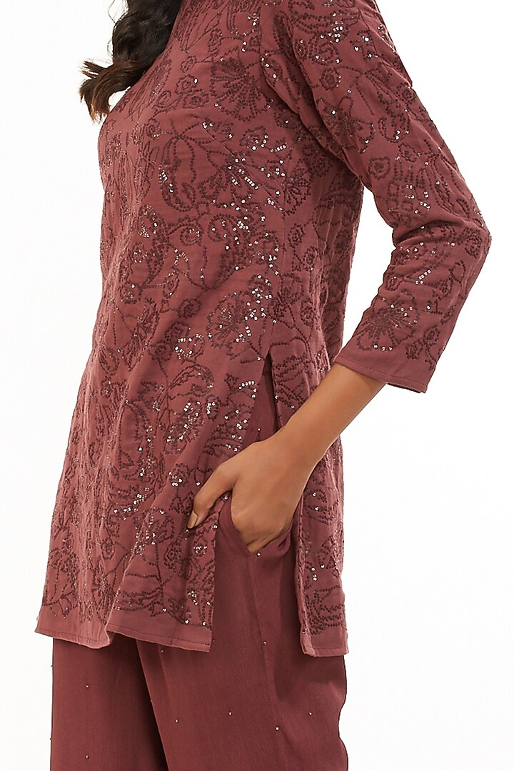 Wine & Gold Hand Embroidered Tunic by Abraham & Thakore at Pernia's Pop Up Shop