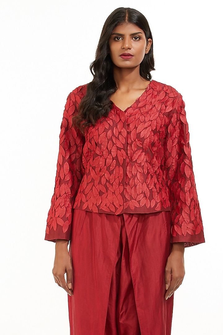 Red Embroidered Crop Jacket by Abraham & Thakore at Pernia's Pop Up Shop