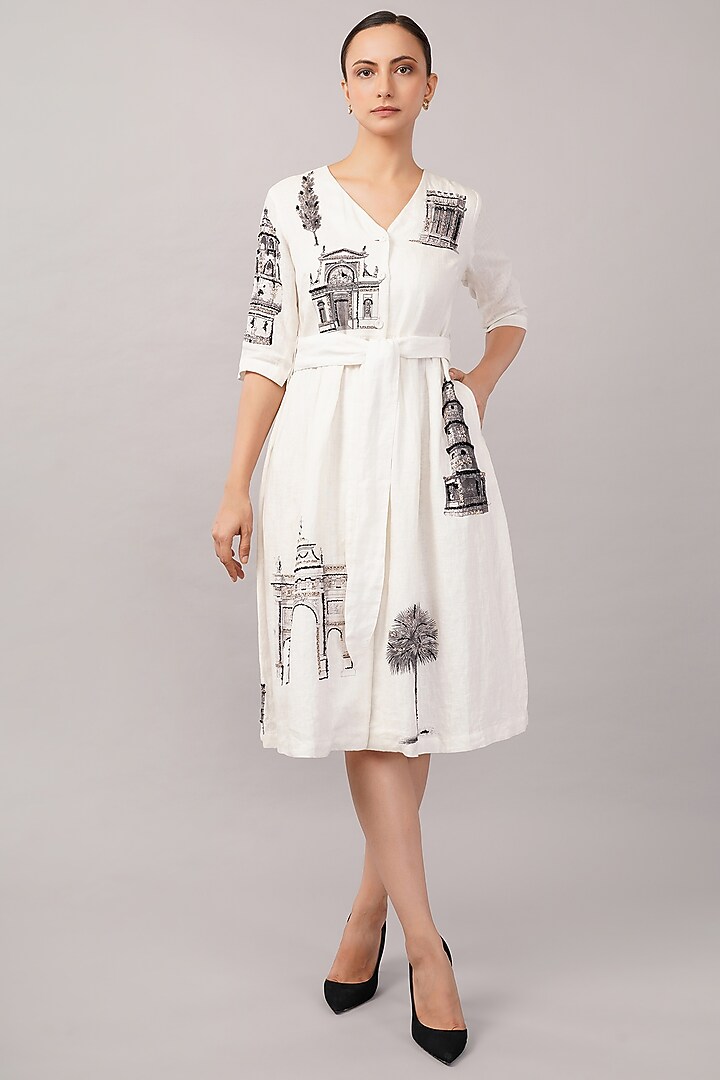 Ivory Linen Blend Printed Midi Vacation Dress by Abraham & Thakore at Pernia's Pop Up Shop