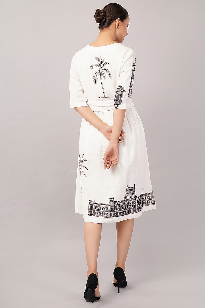 Ivory Linen Blend Printed Midi Vacation Dress by Abraham & Thakore at Pernia's Pop Up Shop