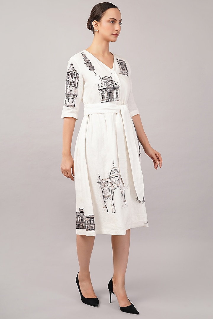 Ivory Linen Blend Printed Midi Vacation Dress by Abraham & Thakore at Pernia's Pop Up Shop