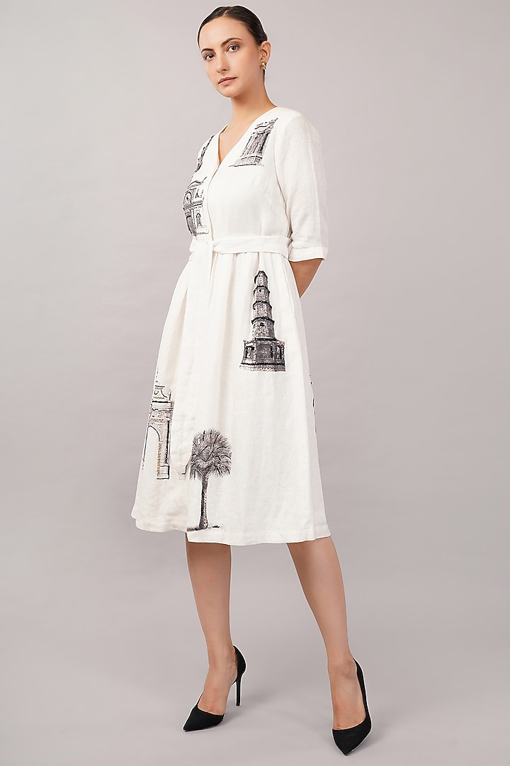 Ivory Linen Blend Printed Midi Vacation Dress by Abraham & Thakore at Pernia's Pop Up Shop