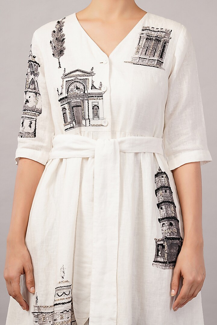 Ivory Linen Blend Printed Midi Vacation Dress by Abraham & Thakore at Pernia's Pop Up Shop