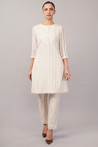 Ivory Silk & Cotton Striped Dress by Abraham & Thakore