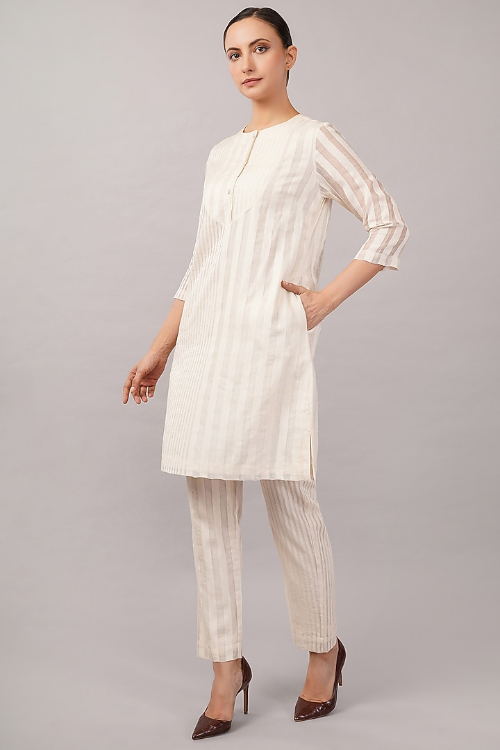Ivory Silk & Cotton Striped Summer Dress by Abraham & Thakore at Pernia's Pop Up Shop