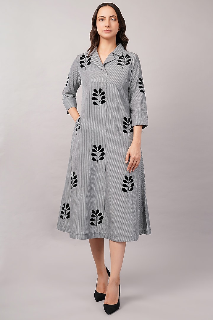 Grey & Black Cotton Striped Midi Vacation Dress by Abraham & Thakore at Pernia's Pop Up Shop
