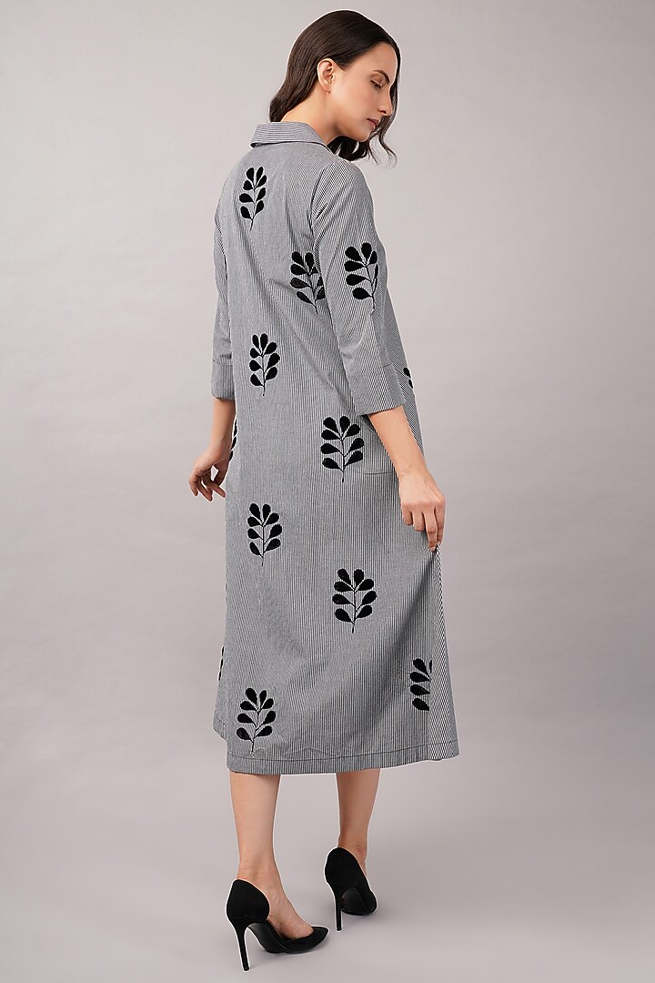 Grey & Black Cotton Striped Midi Vacation Dress by Abraham & Thakore at Pernia's Pop Up Shop